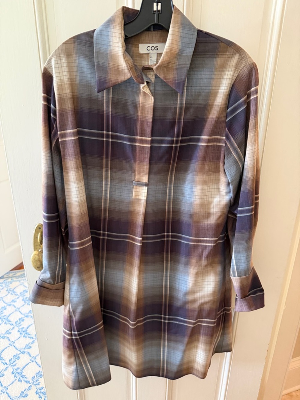 COS Long Sleeve Plaid Shirt Dress in Brown, Purple, Gray